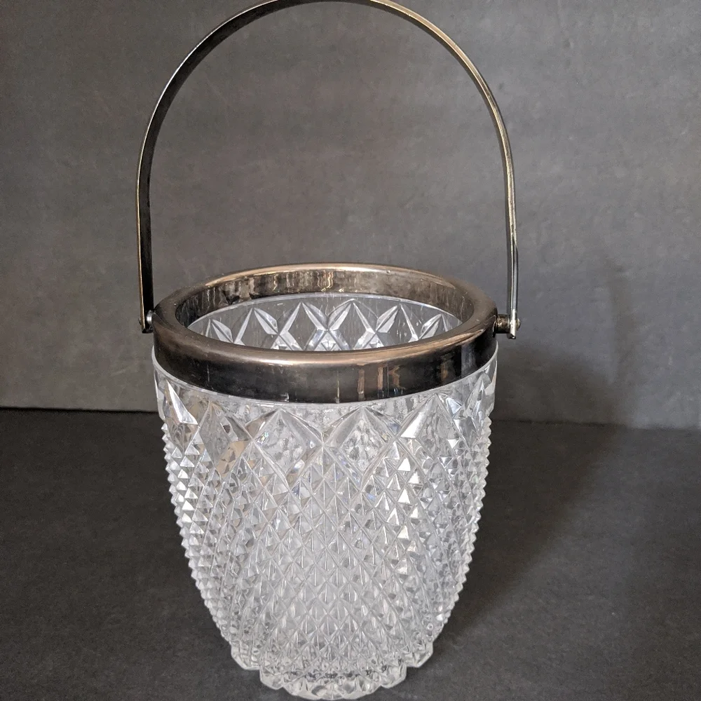Vintage Cut Glass Diamond Point Crystal Ice Bucket Silver Plate Rim Handle